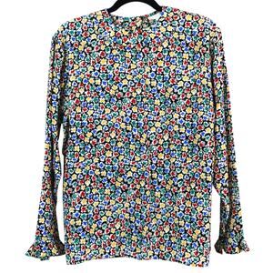 Vintage 80s 90s SILK Ditsy Floral Blouse Bell Sleeve Peter pan Ruffle Collar 8
